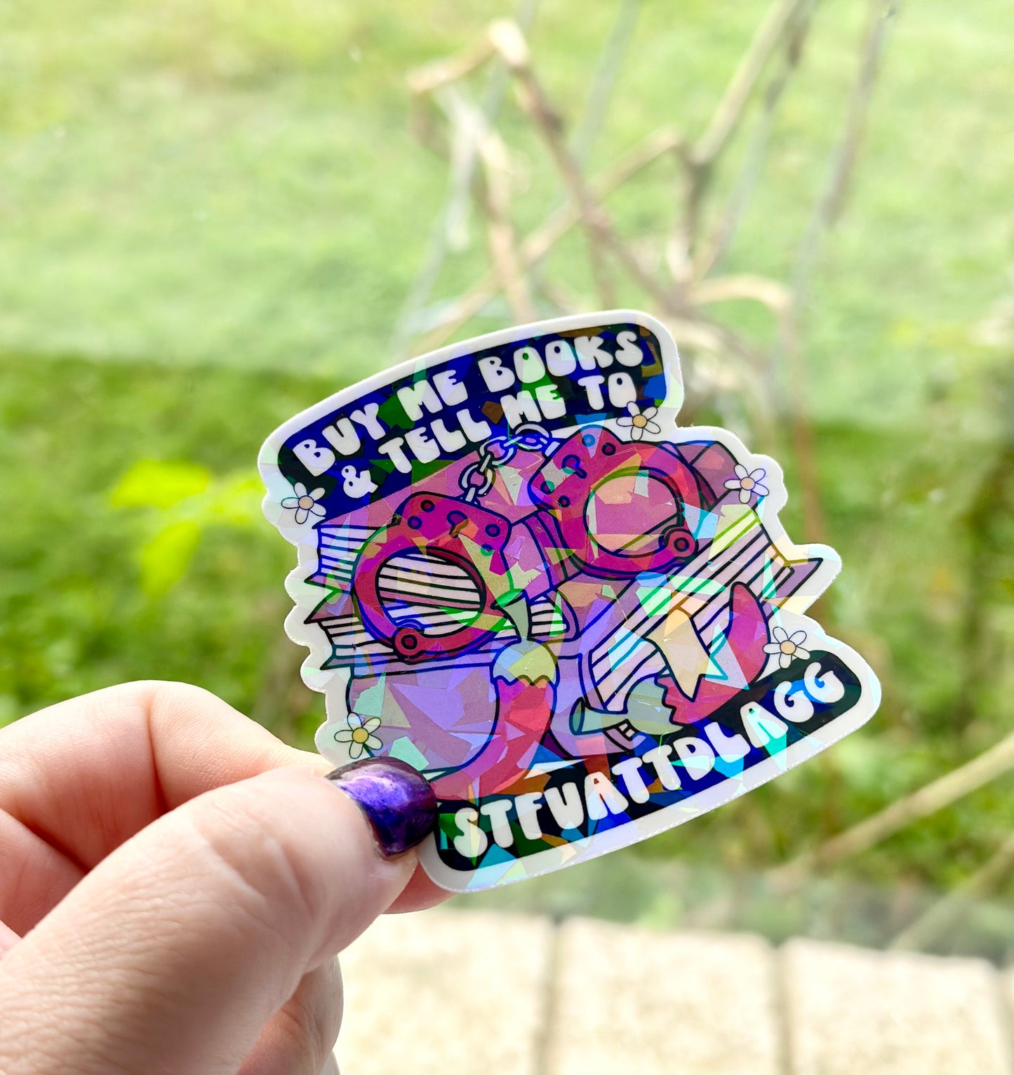 Buy me books and tell me to STFUATTDLAGG - Holographic Vinyl Sticker
