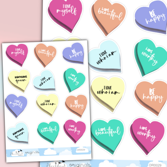 Self-Love Candy Hearts | Hand Drawn Planner Stickers
